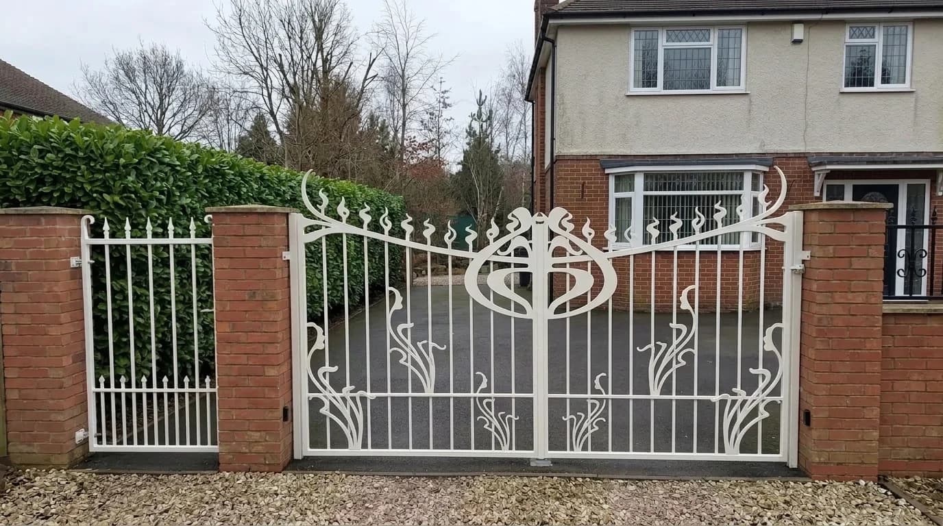 White painted ornate iron driveway gates closed between red brick pillars on a gravel driveway
